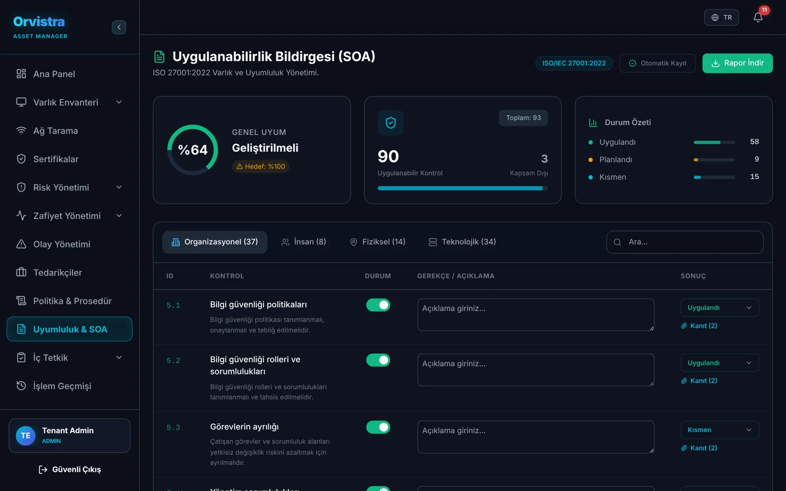 Uygulanabilirlik bildirgesi (SOA) ekranı